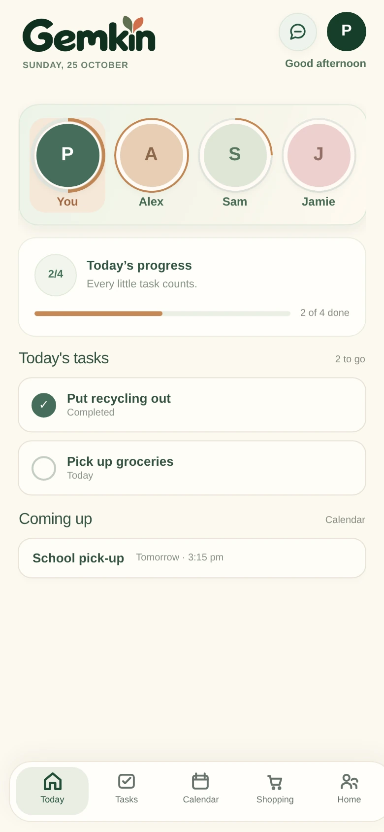 Gemkin Today screen showing the actual version 85.4 interface, with household avatar progress rings, terracotta task progress, today's tasks, upcoming calendar events and five bottom navigation tabs. Example names and tasks are used.